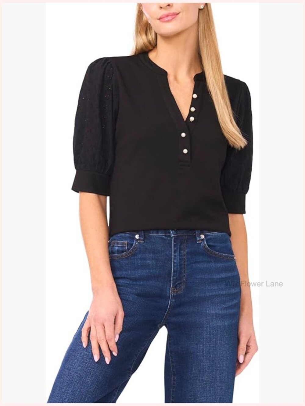 Lace Elbow Puff Sleeve Mixed Media Blouse Button Down V-Neck Top